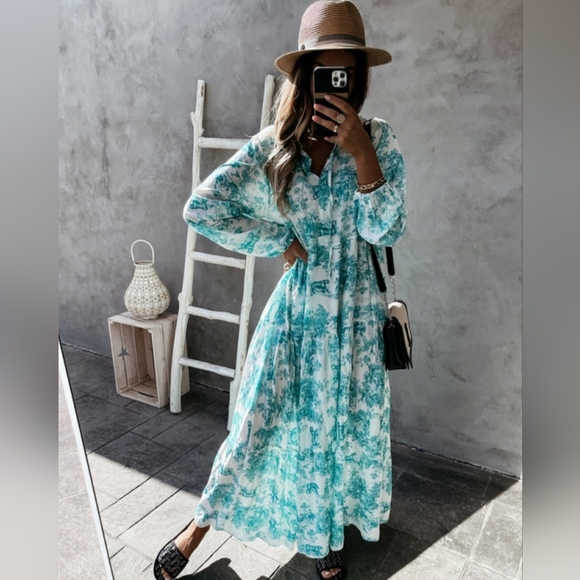 Boho Jungle Modest Ruffle Tie Mock Neck Long Sleeve Tiered Oversized Maxi Dress - Picture 7 of 10